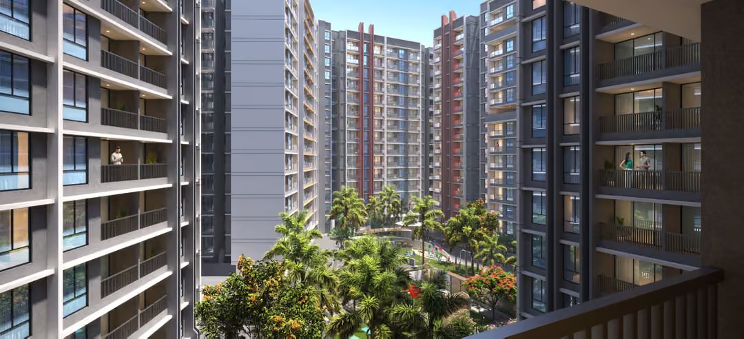 View from a balcony over the landscaped courtyard