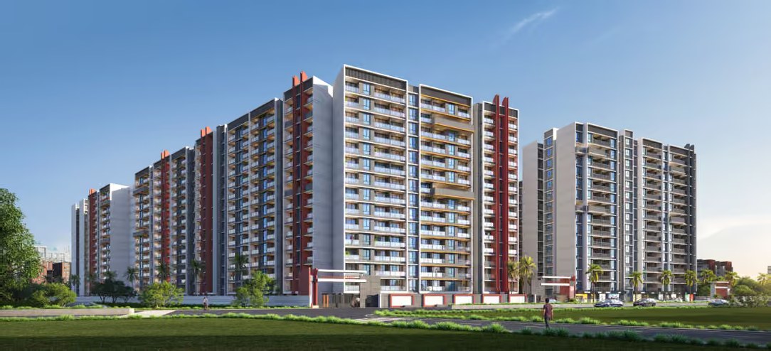 Modern elevation of Tanish Urbania apartments in Charholi, Pune